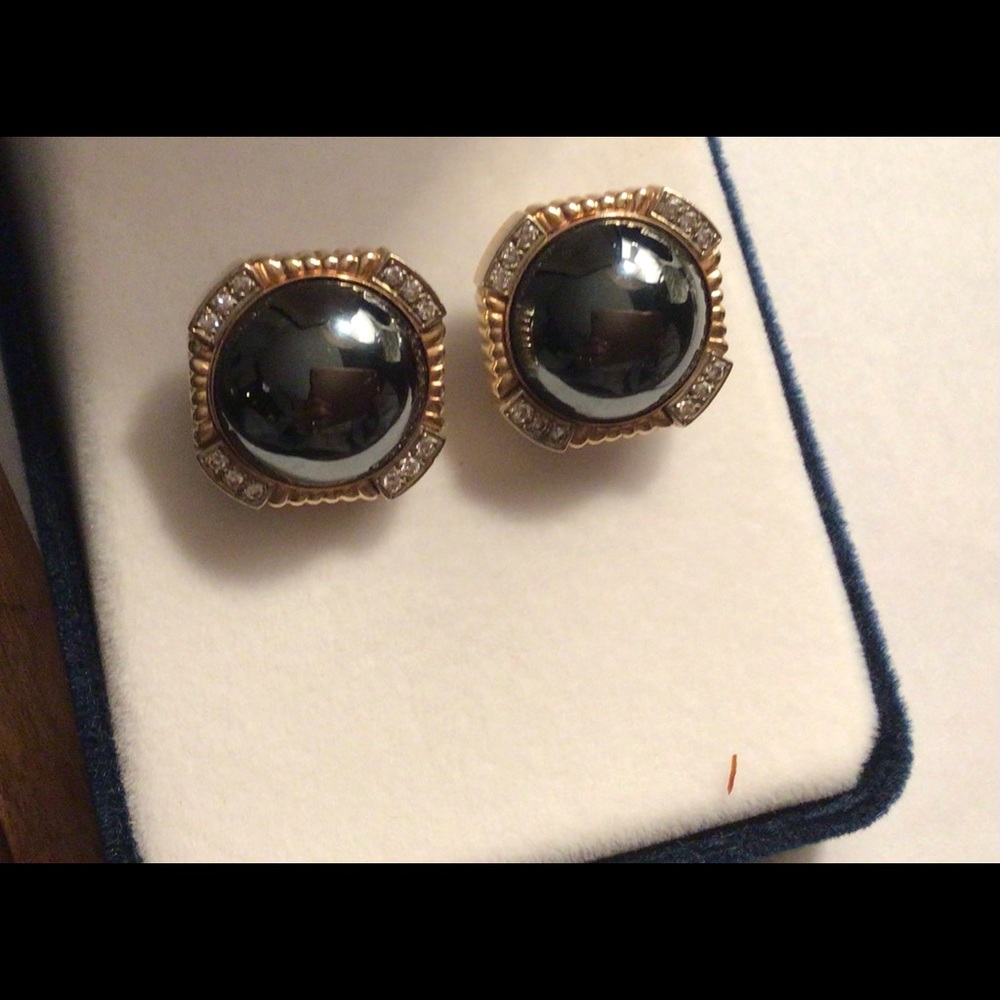 Custom made earrings, in 1980’s, gold, at least 18k, hematite center, diamonds